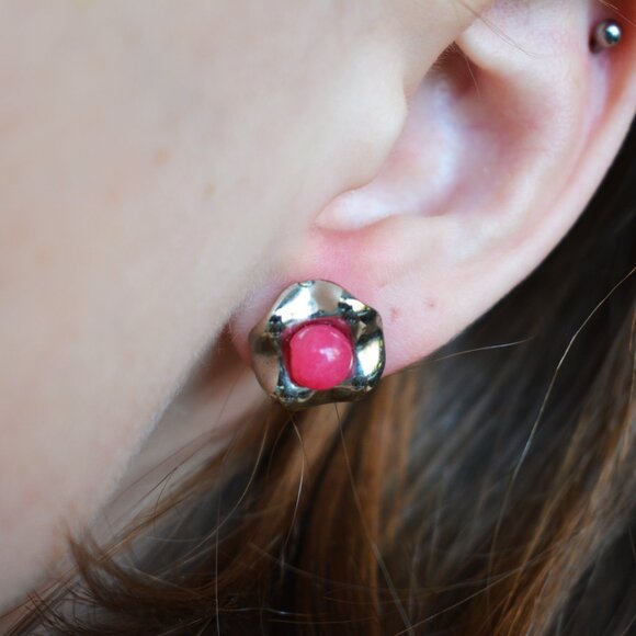 Handmade Pink and Silver Stud Earrings - Picture 6 of 7
